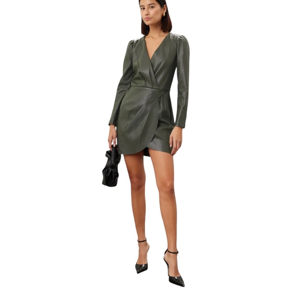 Saylor Veronicka Dress Gray Faux Leather Long Sleeve Mini Wrap Dress Medium
